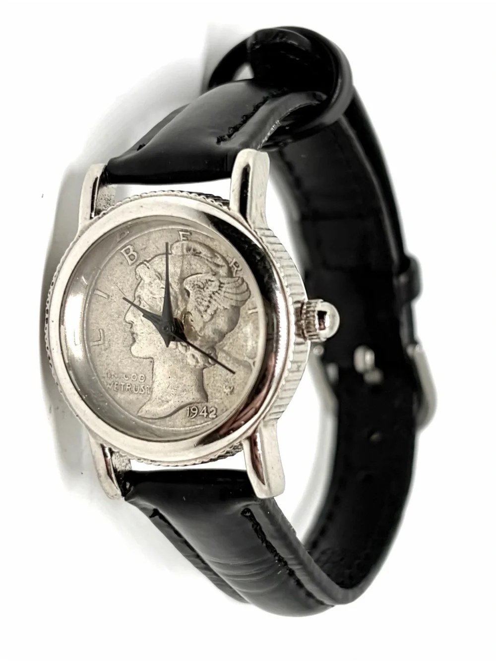Vintage WORKING Mercury Silver Dime Ladies Quartz Wrist Watch Leather Strap